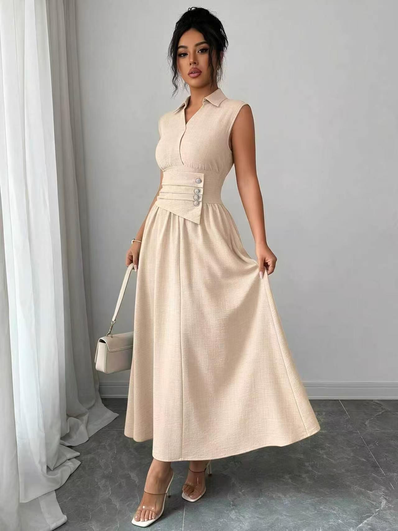 Sleeveless Collared Waist Wrap Maxi Dress