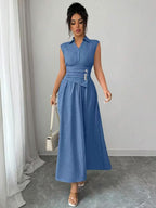 Ärmelloses Maxikleid mit Kragen und Wickeldetail an der Taille